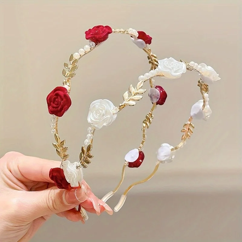 Elegant rose artificial hairband headpiece, adorned with red roses and white and gold leaves – a bridal accessory for women's weddings and parties, a festive birthday princess headpiece, and a wedding decoration