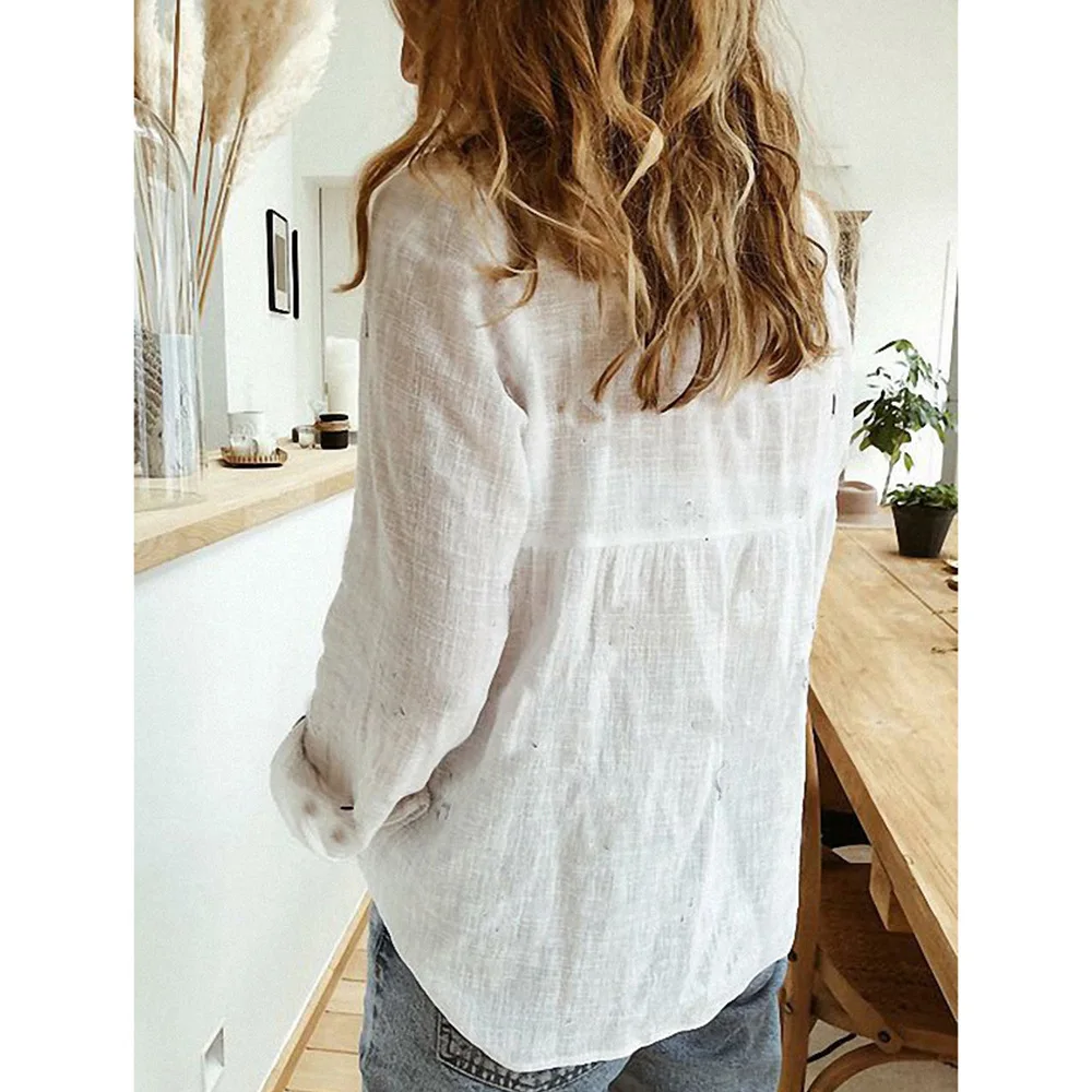 Spring and Autumn European American Solid Color Casual Loose Long sleeved Linen Shirts in Stock with Sleeved Rows