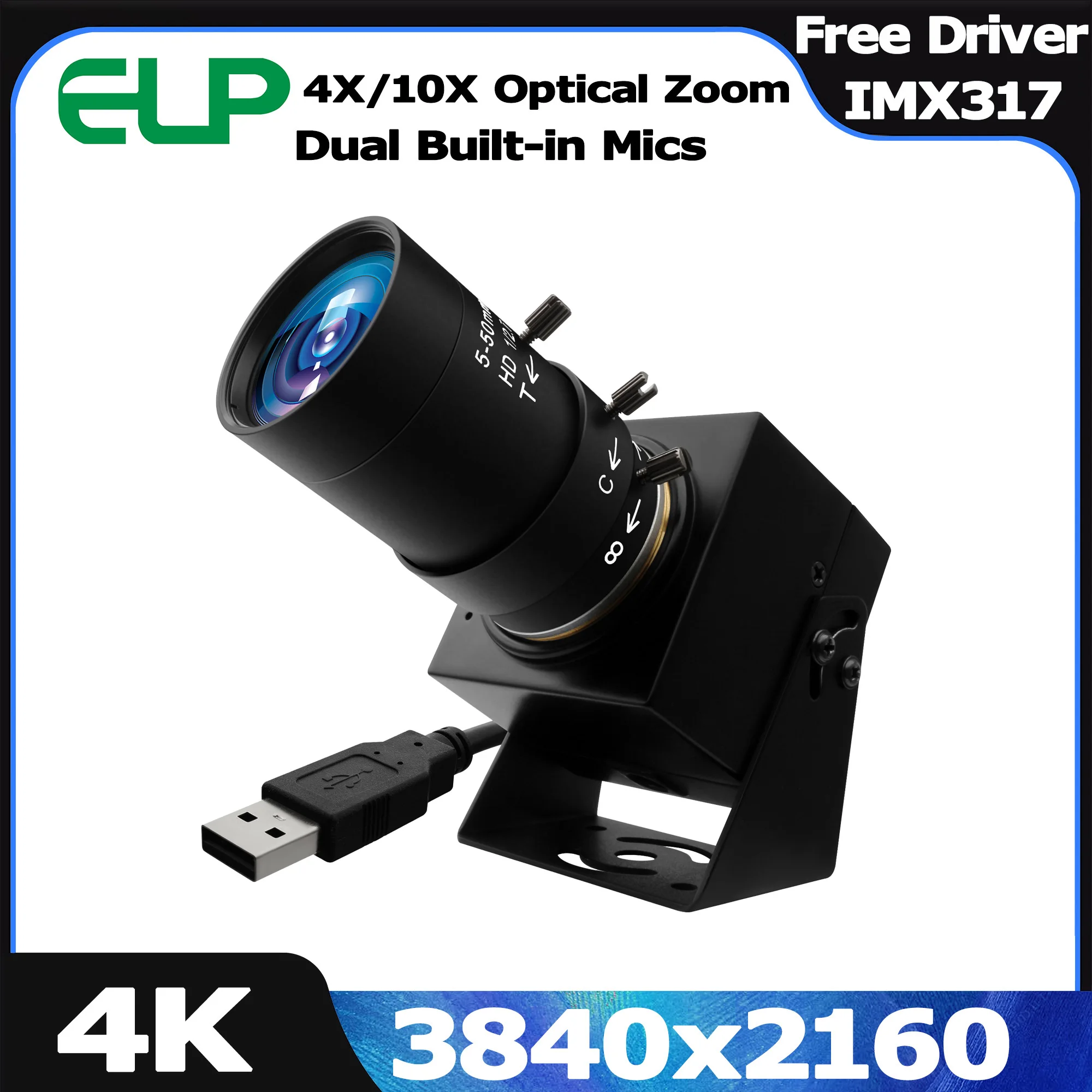 ELP 4K 30fps USB Camera CMOS IMX317 Ultra HD Live Streaming Camera with CS Varifocal Manual Zoom Lens for PC Laptop