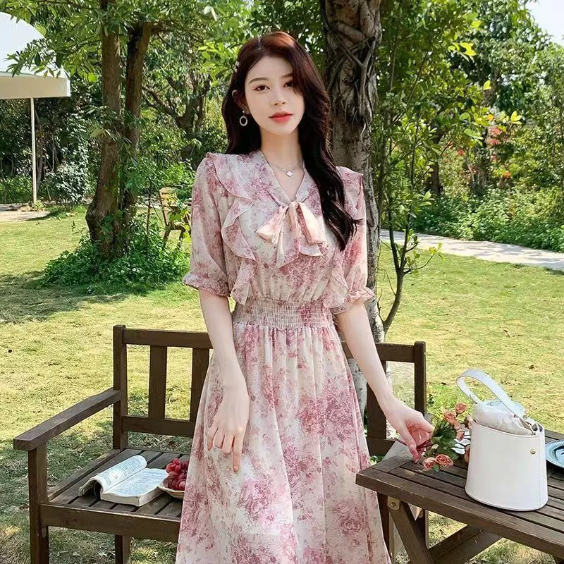 프랑스 여름 플로럴 랩 드레스 여성 우아한 A라인 미디 티 파티 생일 드레스 보헤미안 시크 빈티지 플로럴 프린트 페어리 프린세스