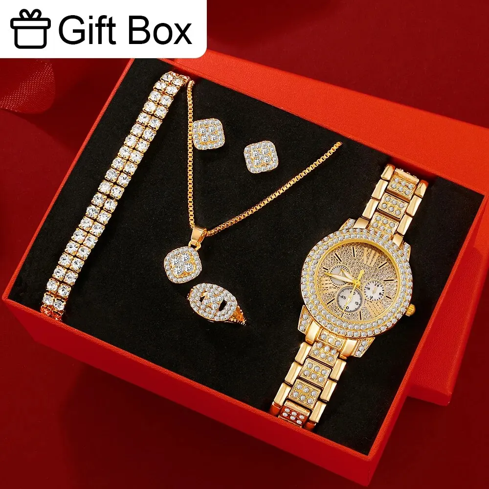 Conjunto de 6 piezas para mujer, reloj de pulsera de cuarzo, diseño de marca de lujo, dorado, sencillo, caja de regalo