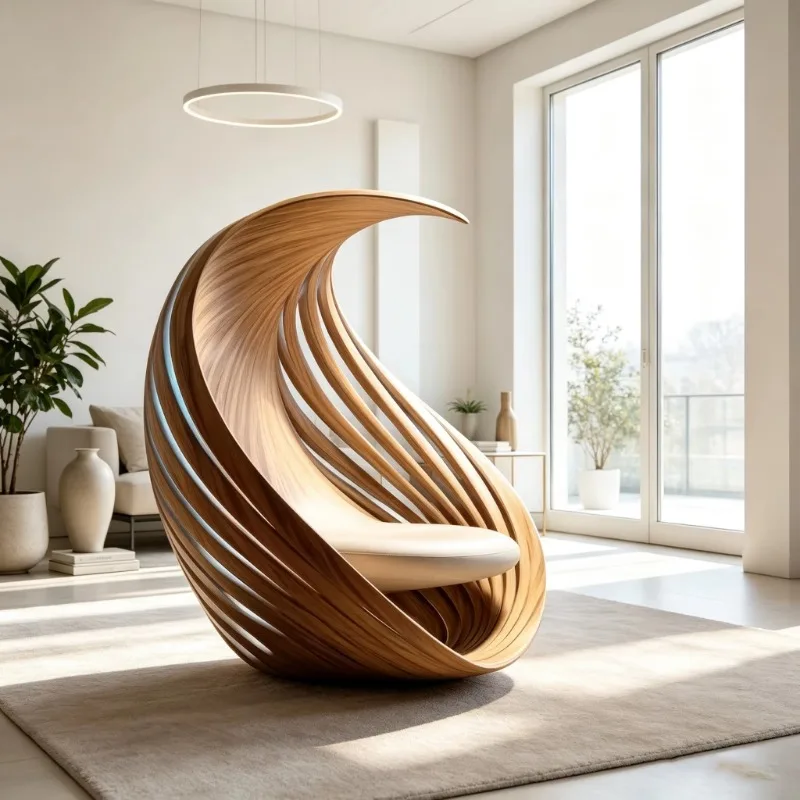 Strip-style wood-grain decorative chairs and sculptural hollow lounge armchairs with cushions are suitable for villa hotels