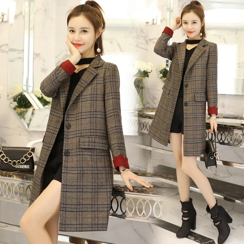 Autumn windbreaker female medium and long Korean version autumn 2018 new popular small chic plaid suit coat tide