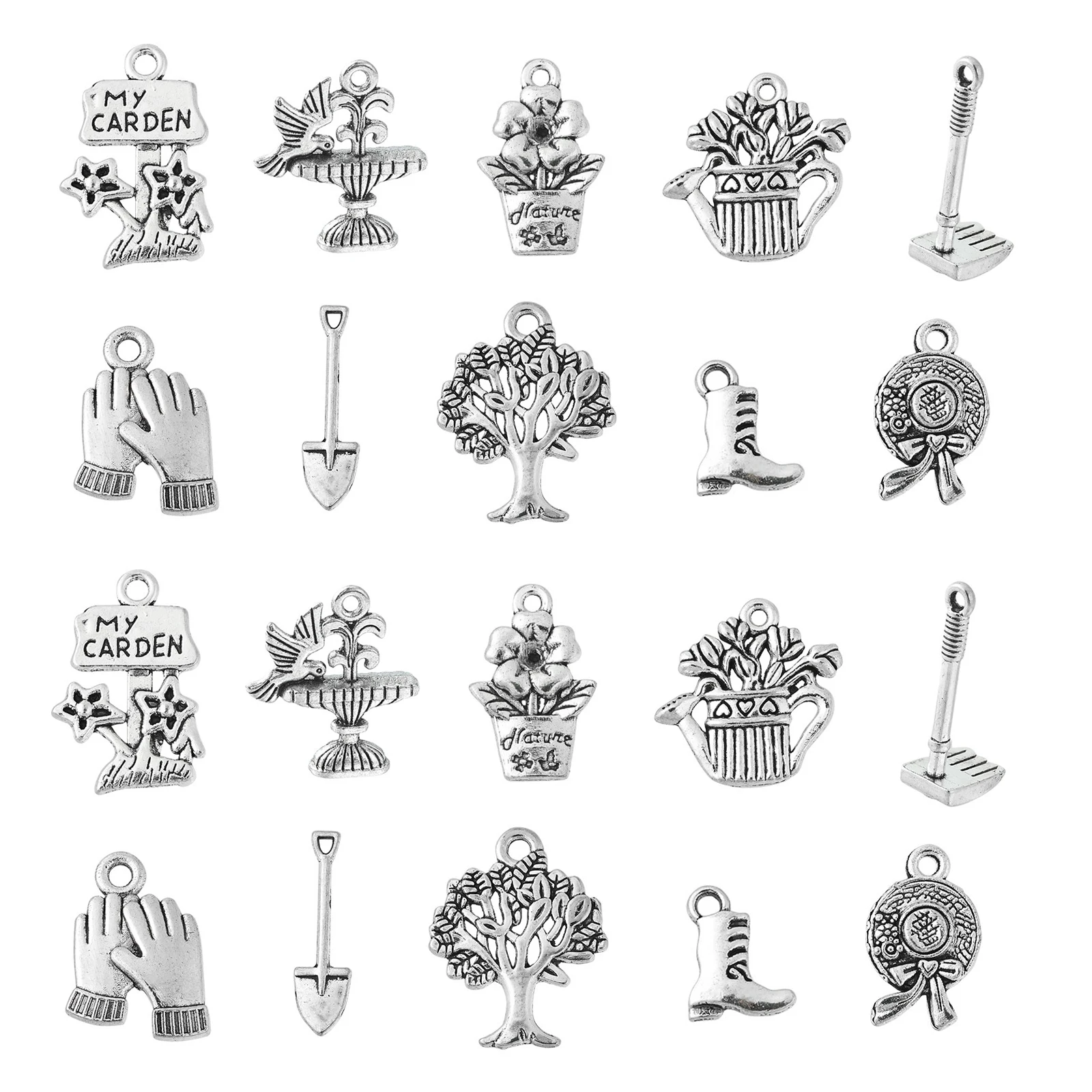 

PandaHall 100Pcs 10 Styles Tibetan Gardening Charms Gardening Tool Charms Plant Hat Shovel Boot Charms for Jewelry Making Crafts