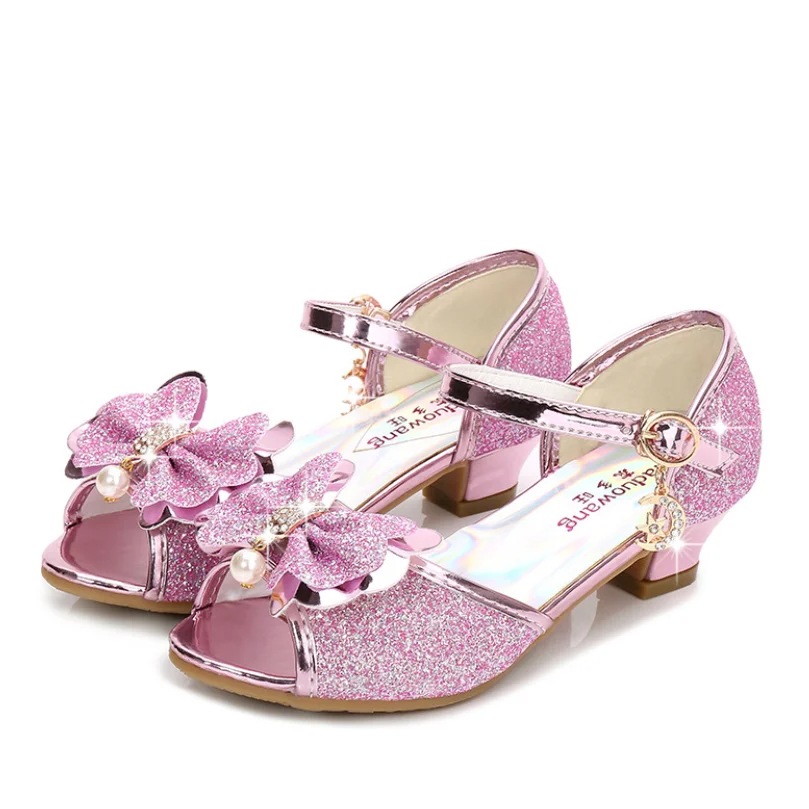 5 Colors Children Princess Sandals Kids Girls Wedding Shoes High Heels Dress Shoes Bowtie Gold Pink Blue Silver Shoes For Girls