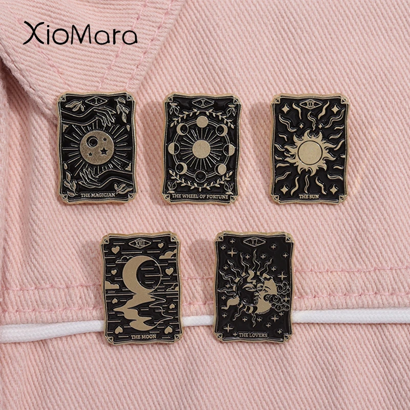 Traditional Tarot Card Enamel Pin Black Sun Moon Magician Wheel Of Fortune Dearth Brooch Lapel Badge Jewelry Artwork For Friends