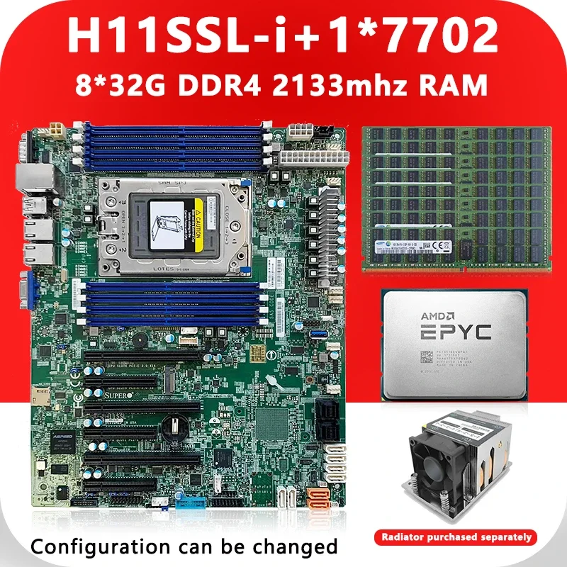 H11SSL-i  Motherboards +1* 7702 CPU 64C/128T 200w + 8* 32GB=256GB RAM DDR4 2133mhz RECC Memory 7702 EPYC FOR H11SSL I