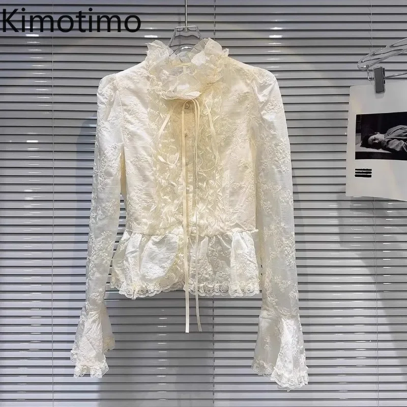 Kimotimo Lace Shirts Women French Small Fragrance Bandage Stand Collar Slim Crop Top 2025 New Flare Sleeve Sweet Chic OL Blouse