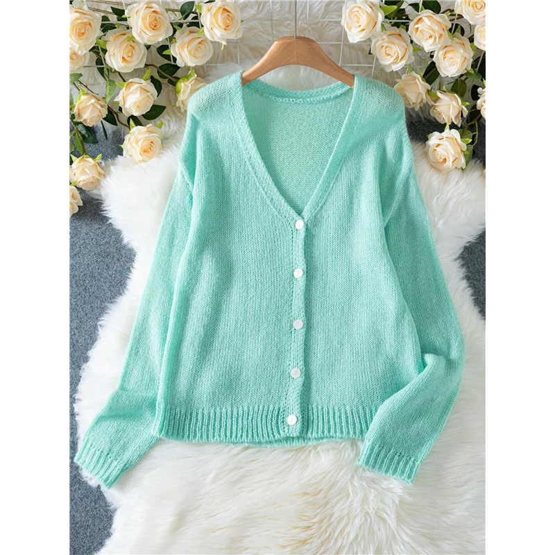 ABGR-سترة نسائية كاجوال بياقة على شكل حرف v وأكمام طويلة للخريف والشتاء بلون سادة سترة محبوكة بأزرار