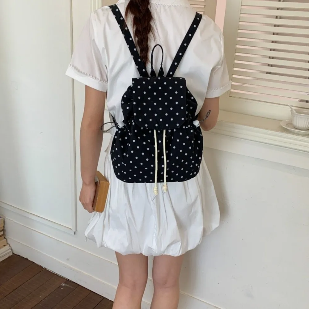

Multiple Pockets Polka Dot Backpack Cloth Drawstring Lace-up Versatile Daypack Preppy Korean Large Capacity Backpack Students
