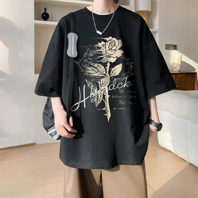 

Men's Cotton Oversized T-shirts White Mens 5XL T Shirt Casual Summer Wear Rose Letter Print Tee Shirts for Men Clothes