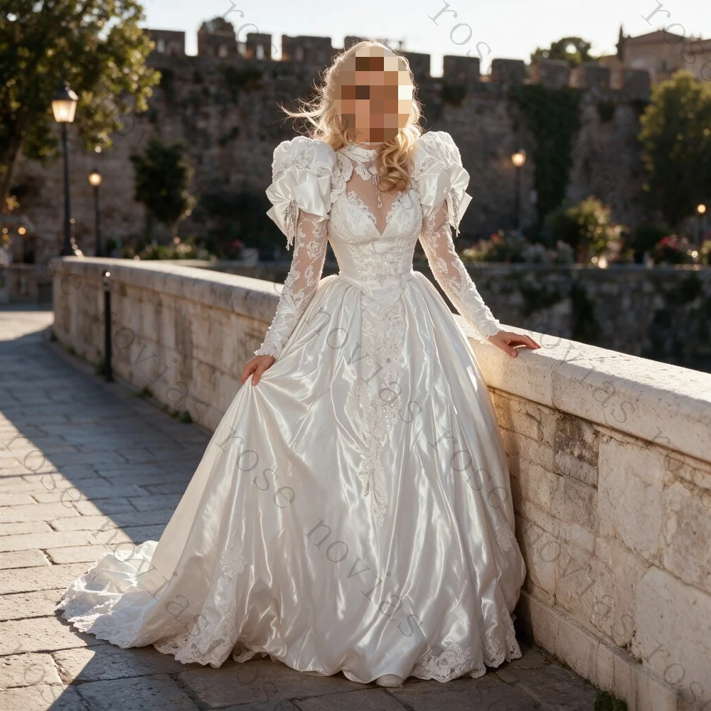 Customized Soft Satin Ball Gown Bridal Dress Full Puff Sleeve High Sheer Neck Lace Beaded Low Back Floor Length Wedding Gown