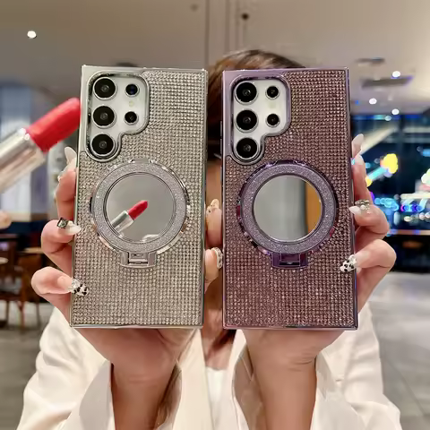 The luxurious electroplated diamond-encrusted phone case is equipped with a mirror stand For the Samsung S25 ultra S24 S23 S22
