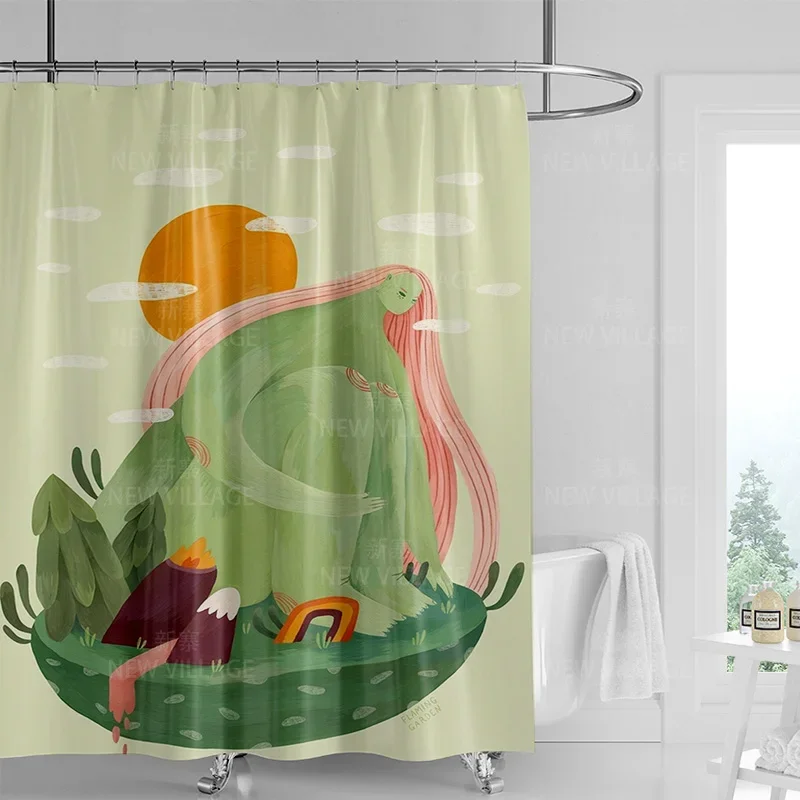 Abstract Bohemian Hand Drawn Figure Face Floral Art Printed Shower Curtain Waterproof Mildew Resistant With Plastic Hooks Easy M