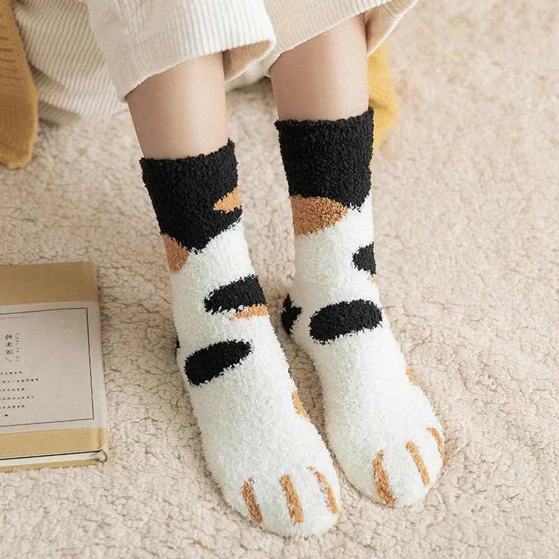 

Plush Winter Cute Style Cat Paw Cartoon Pattern Women Cotton Socks Super Soft For Female Stay in the house Sleeping Floor Sox