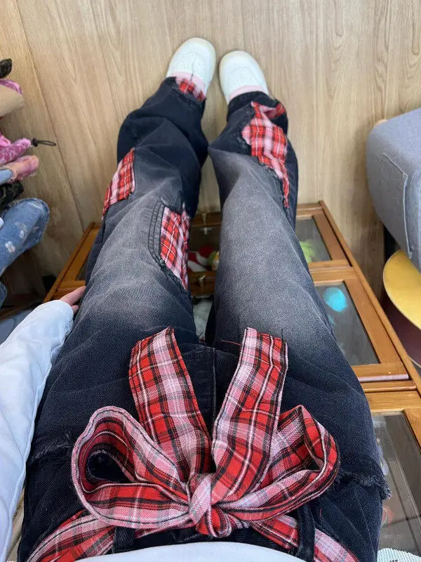 

Pink Bowtie Patchwork Straight Leg Jeans ex Spring Trendy Cleanfit Post Aalyptic Sle Wear Resistant Loose Fit Jeans