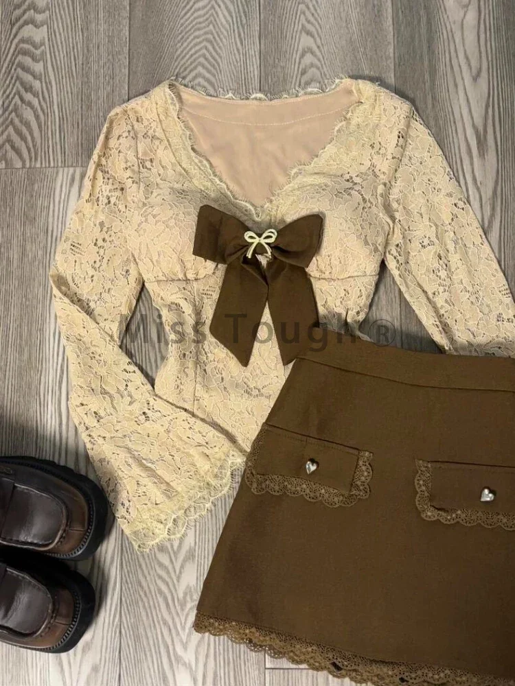 Y2k Sexy Lace New 2 Piece Set Women Korean Sweet High Street Skirts Suit Female V-neck Bow Tops + Brown Mini Skirt 2024 Winter