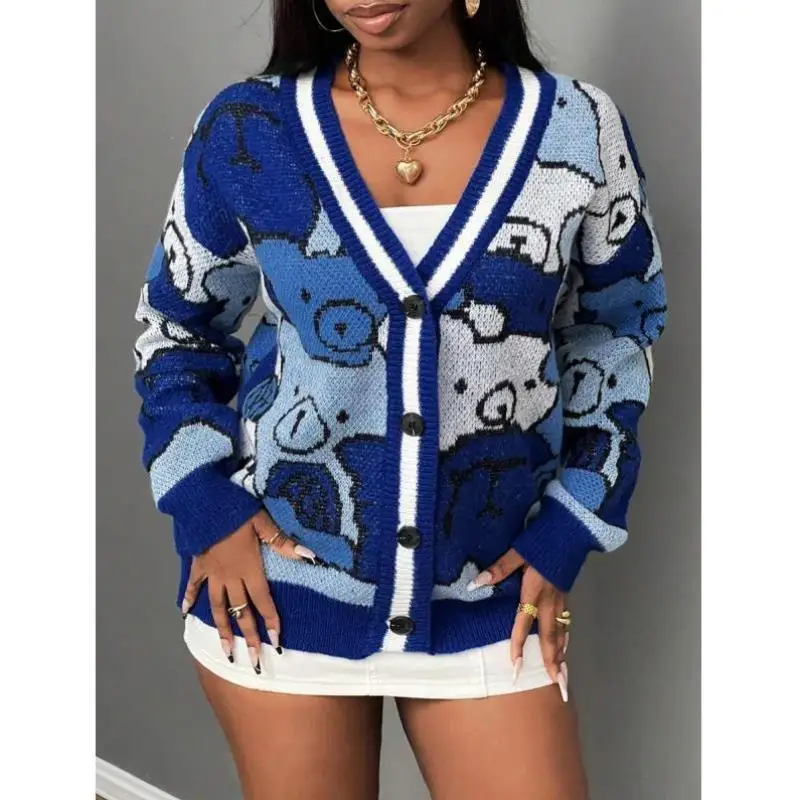 

New Casual Long Sve round Ne Bear Pattern Knitted Open Cardigan Comfortable Coolmax Fiber Mid-aged And ly Women Cit...