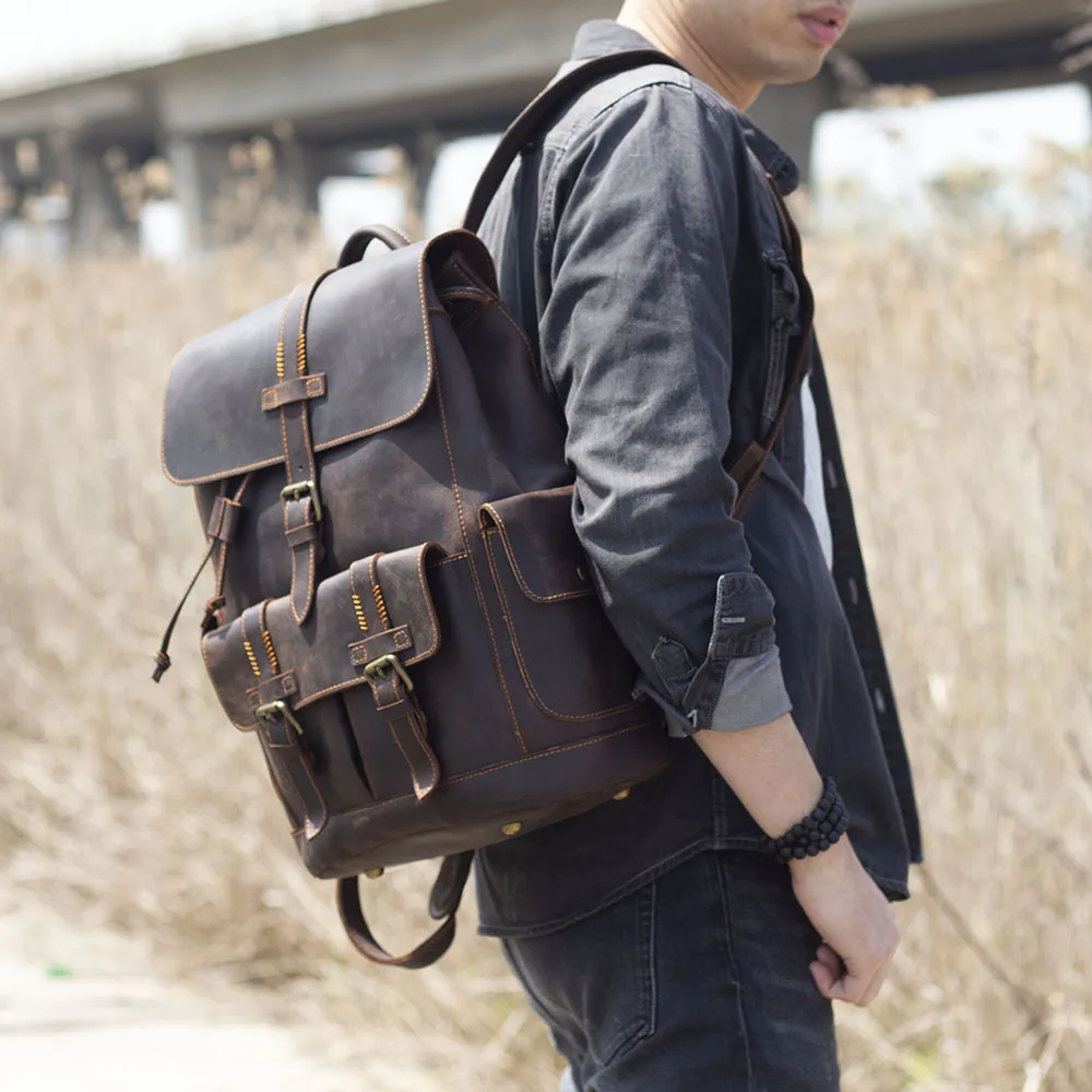 S.WORKER Vintage Echtleder-Rucksack für Herren, Reise-Vintage-Crazy-Horse-Schultasche, Große Laptop-Schultertasche aus Rindsleder für Männer – Detail 6