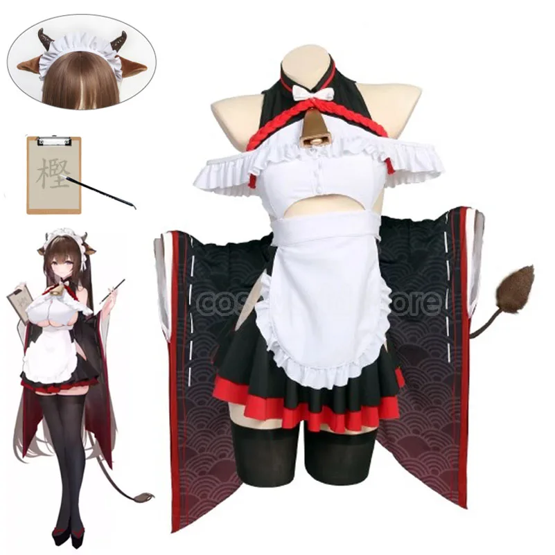 

Game Azur Lane Kashino Cosplay Costumes Women Sexy Maid Dress Horn Headwear Suit Japan Kimono Uniform Halloween Carnival Costume