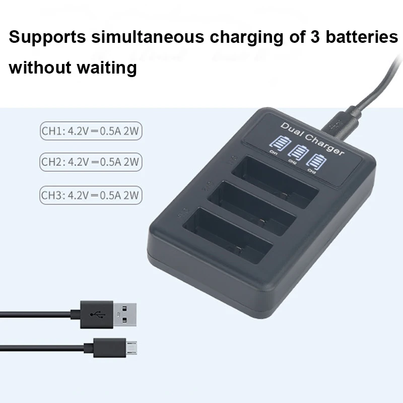 3-Port USB Charger for GoPro Hero 5 Hero 6 Hero7 Hero 8 Sports Camera Battery Accessories