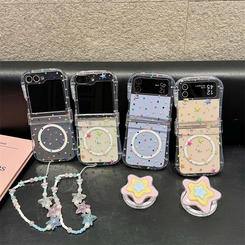 

Korean Cute Star Stand Magnetic Hinge Phone Case For Samsung Galaxy Z Flip 6 5 4 3 Flip5 Flip6 Cover with Chain Case for Magsafe