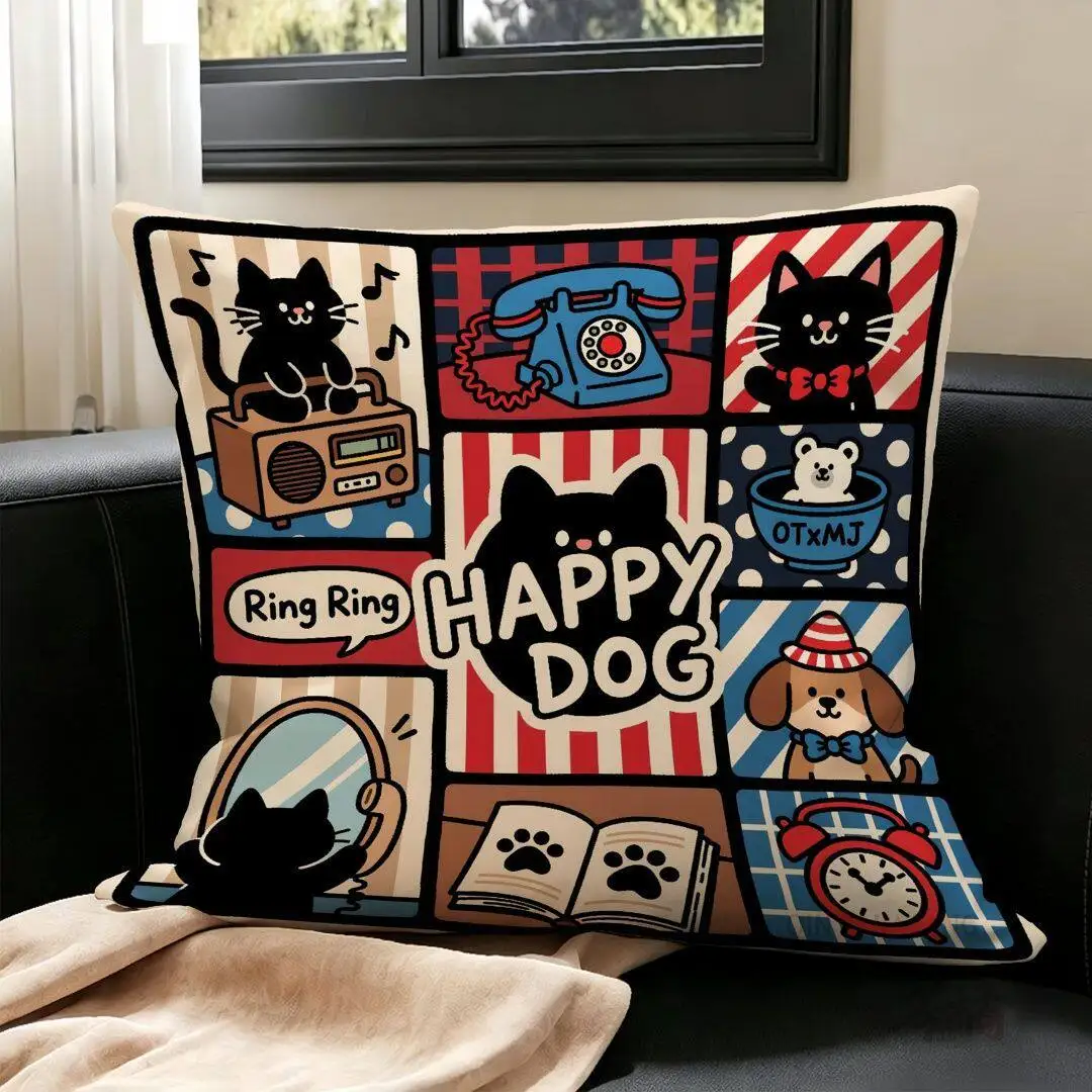 Cartoon Patchwork Fun Abstract Cat Pillow Cover Dopamine Sofa Cushion Kitten Design for Living Room Dormitory Decor
