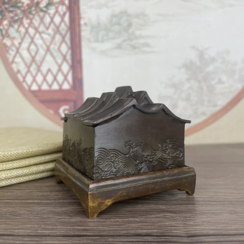 Antique Bronze Model House Square Incense Ornament, Chinese Style Home Study Room Aromatherapy Burner Decorative Piece