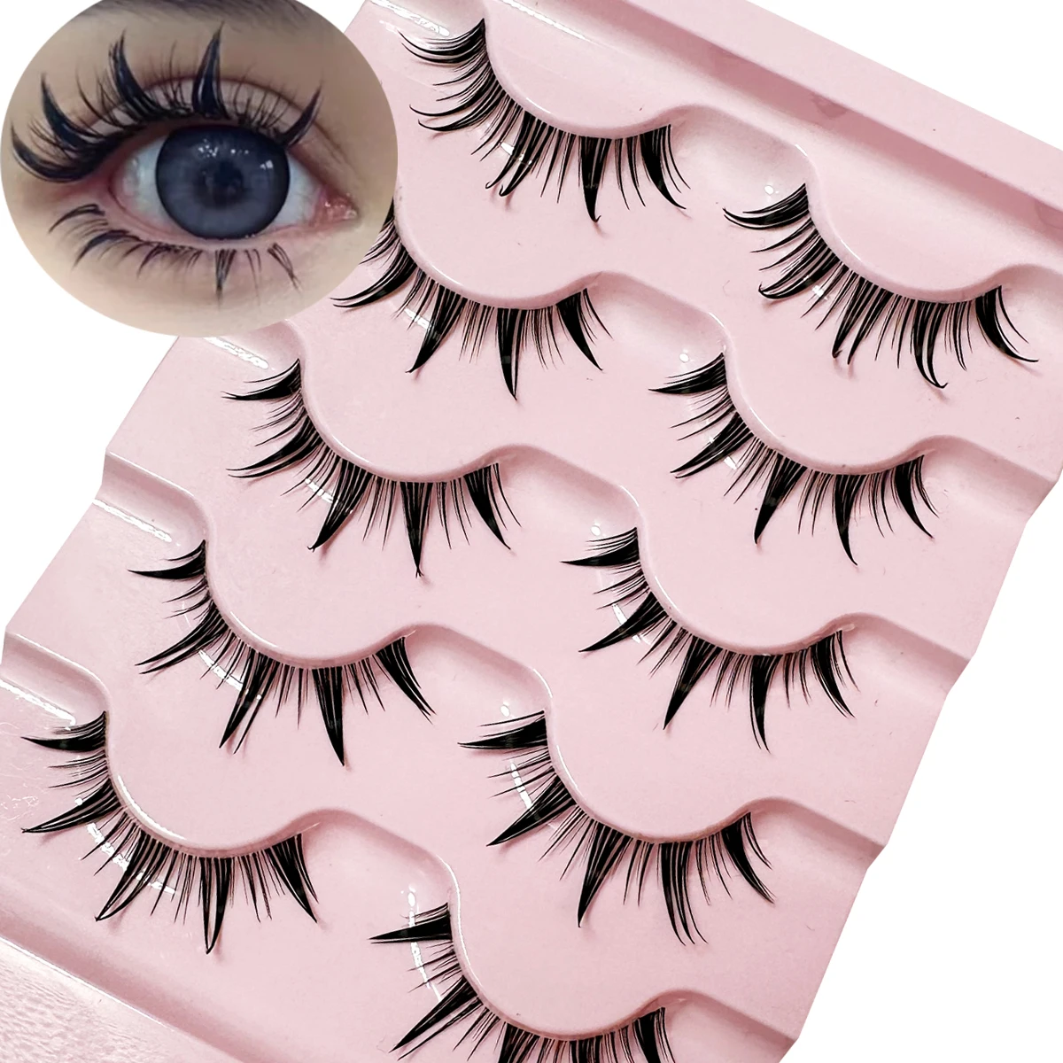 5Pairs Manga Lashes with Clear Band Japanese Anime Cosplay Eyelashes Spiky Wet Look Lashes 12mm Asian False Eyelashes Clusters