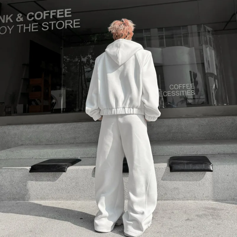 WVGA 2026 Spring New Men's Tide Solid Color Beaded Hooded Trendy Cardigan Sweatshirt Niche Chic Casual Straight Pants Set W18874