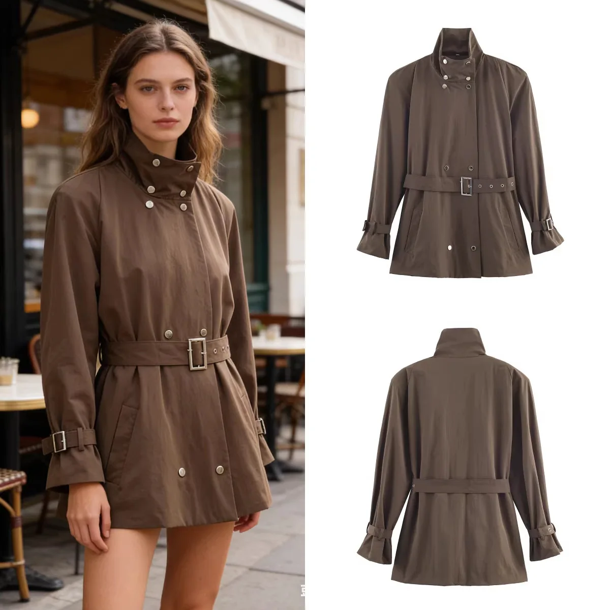 

Женская модная повседневная куртка-тренч на весну, свободного кроя, универсальная, с поясом, воротником-стойкой, длинными рукавами, однотонная, двубортная