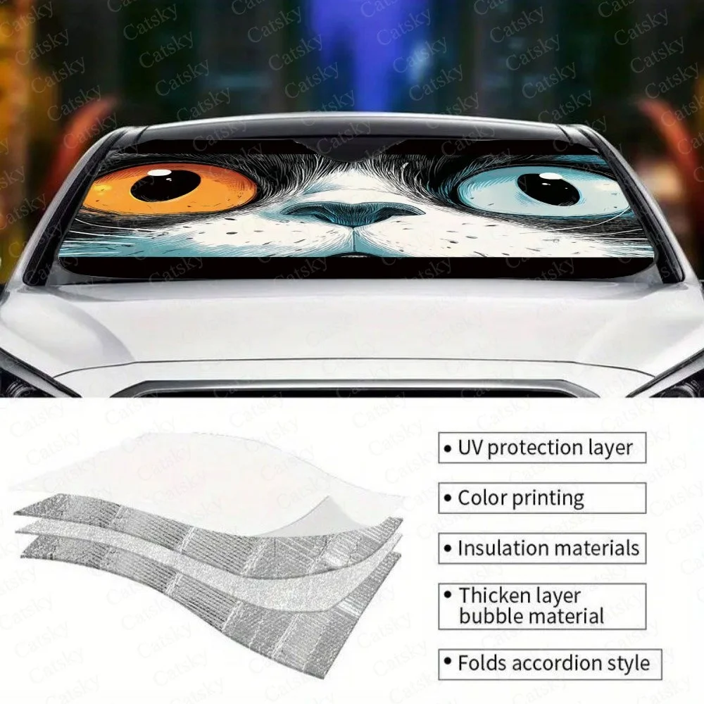 This Unique Car Sunshade Features A Striking Cat Face Design With Mismatched Eyes, Adding A Playful And Eye-catching Touch To Yo