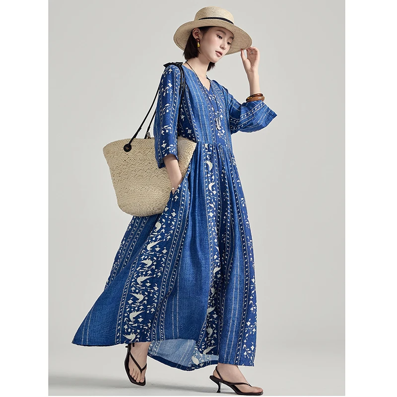 2025 New Arrival Summer Women Loose Casual A-line Print Three Quarter Sleeve Dress Arts Style V-neck Ankle-length Dresses T247