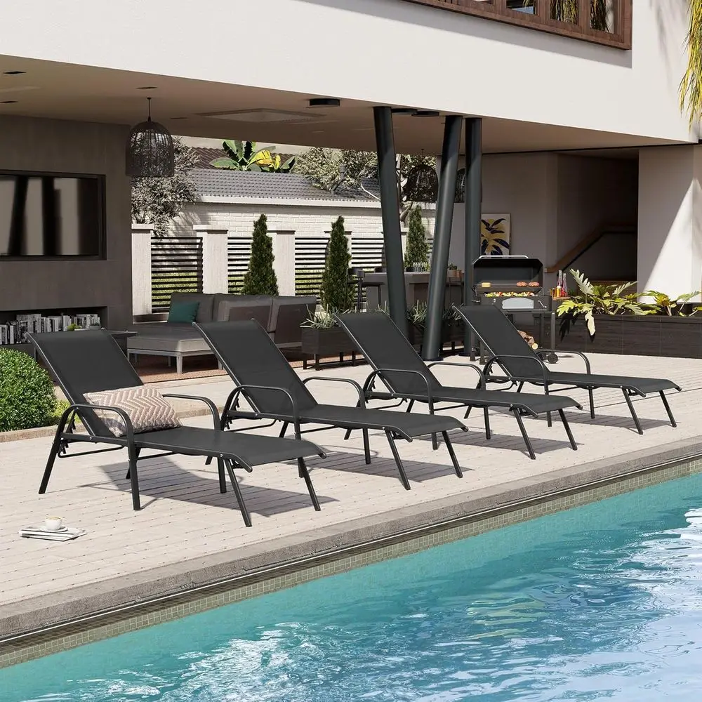 

live Chair,5-Position Pool Lounge Chairs with Armrests Suthing Recliner or Patio,Beach,Deck,Yard (4PC Black)