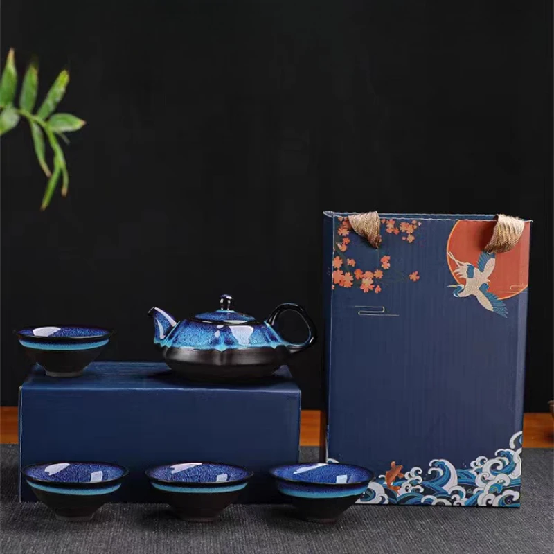 

Ceramic Tea Pot and Cup Set Teaware Kung Fu Tea Set Jun Kiln Change Teapot and Tea Cup Alluvial Gold Chinese Tea Set Cup