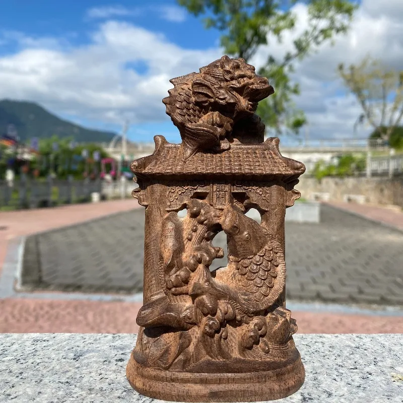 Hand-Carved Agarwood Carp Leaping Over Dragon Gate Sculpture - 5.5/7.9/10.6
