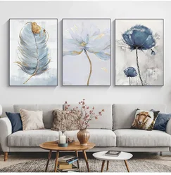 Nordic Modern Aesthetics Wall Art Blue Feather Flower Abstract Oil Poster and Print Home Bedroom Living Room Decoration Gift