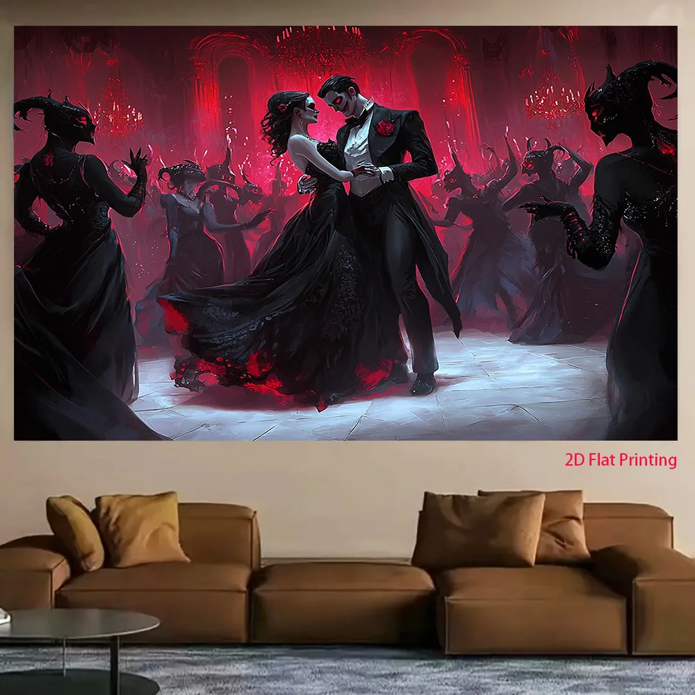 1pc - Vampire Gothic Dance Tapestry 2D Flat Wall Hanging Red Ballroom Horror Decor for Living Room Bedroom Halloween Art Fabric
