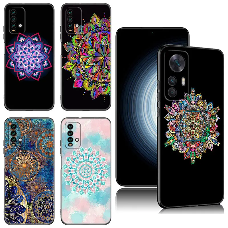 Custodia nera etnica floreale floreale floreale all'henné Mandala Yoga per Xiaomi Redmi 11 Prime 11A 12C 13C A1 A2 Plus A3 12 4G 10 13R 5G