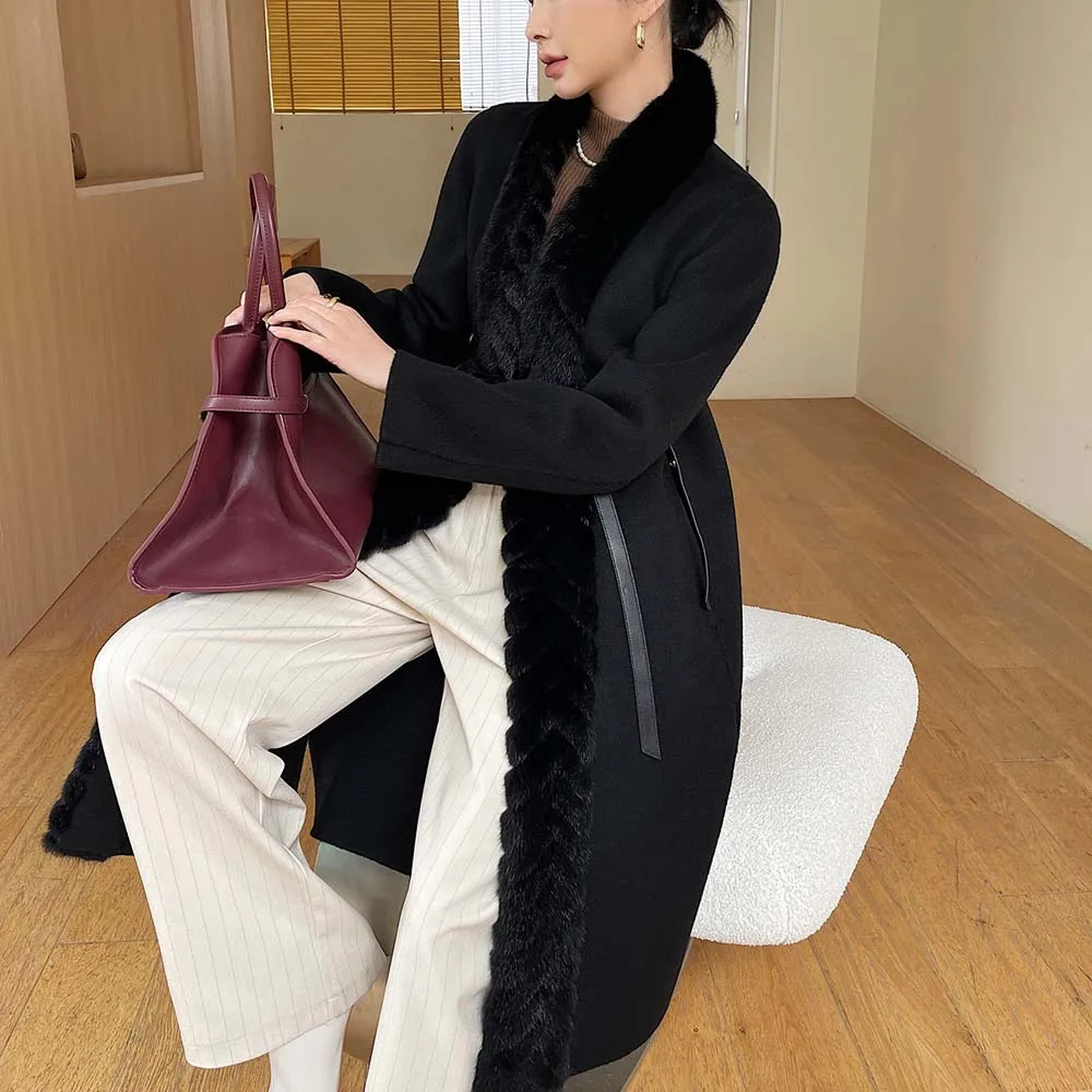 2025 inverno feminino jaqueta outerwear cinto 100% casaco de caxemira com gola de pele de vison real natural guarnição de pele de vison misturas de lã