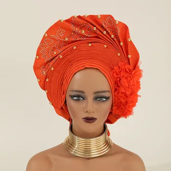 Koraliki kwiat turban czapka Headwrap kobiety z pałąkiem na głowę Auto Gele Headtie już wykonane afrykańska Nigeria Bonnet kapelusz hidżab ślubne nakrycia głowy