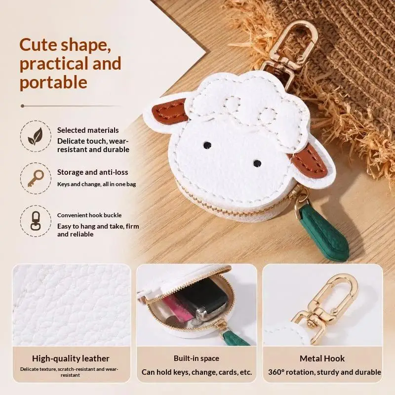 Niedliche Schaf-förmige PU-Leder-Münzbörse mit glattem Reißverschluss, robustem Schlüsselanhänger, ideal für den täglichen Gebrauch, Taschendekoration, kleines Geschenk. – Detail 2