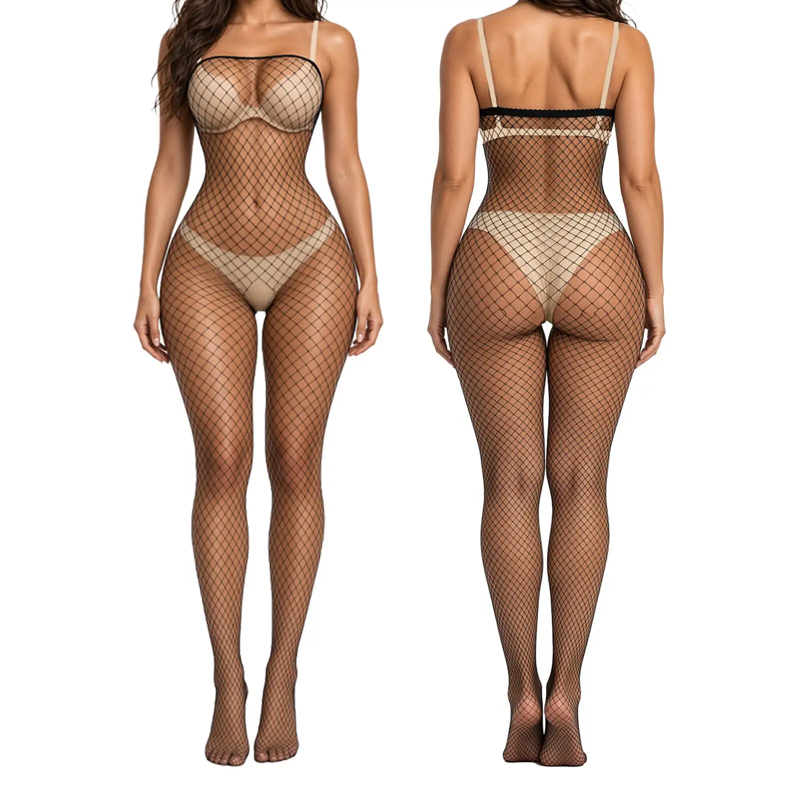 Woman Style Sexy Strapless Fashion Fishnet Beach Bodysuit Black Underwear Large Sheer Design Tight Fitting Featuring Sensual