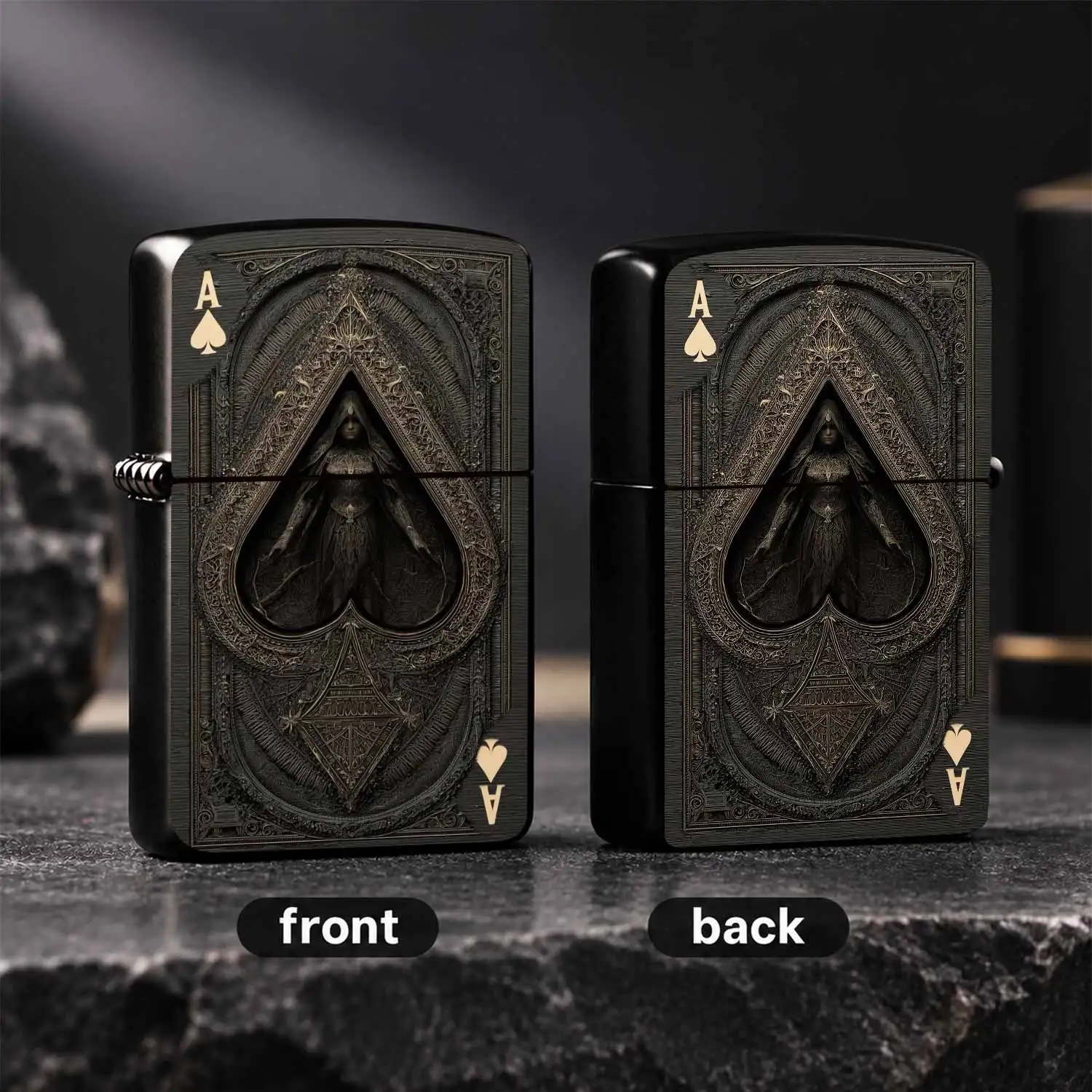 Vintage Dark Gothic Ace of Spades Themed Lighter, Intricate Carved Ornate Aesthetic, Full Scene Applicable Portable Daily Accessory, Unique Stylish Decorative Gift for Friends FamilyA Humorous And Interesting Lighter