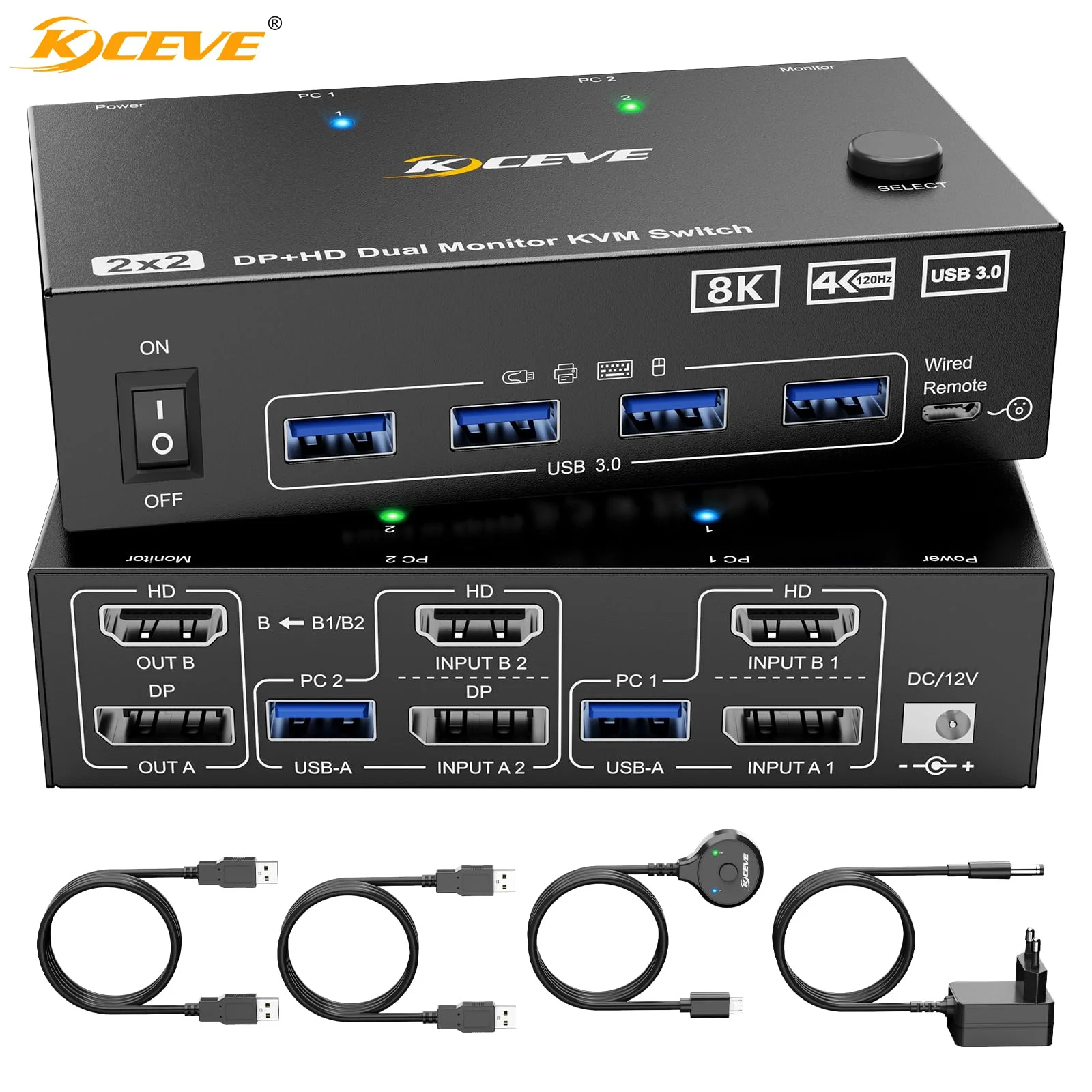 8K KVM Switch 2 PC 2 Monitors,KCEVE Display Port + HDMI Dual Monitor KVM Switch for 2 PC Share 2 Monitors and 4 USB 3.0 Devices