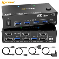 8K KVM Switch 2 PC 2 Monitors,KCEVE Display Port + HDMI Dual Monitor KVM Switch for 2 PC Share 2 Monitors and 4 USB 3.0 Devices