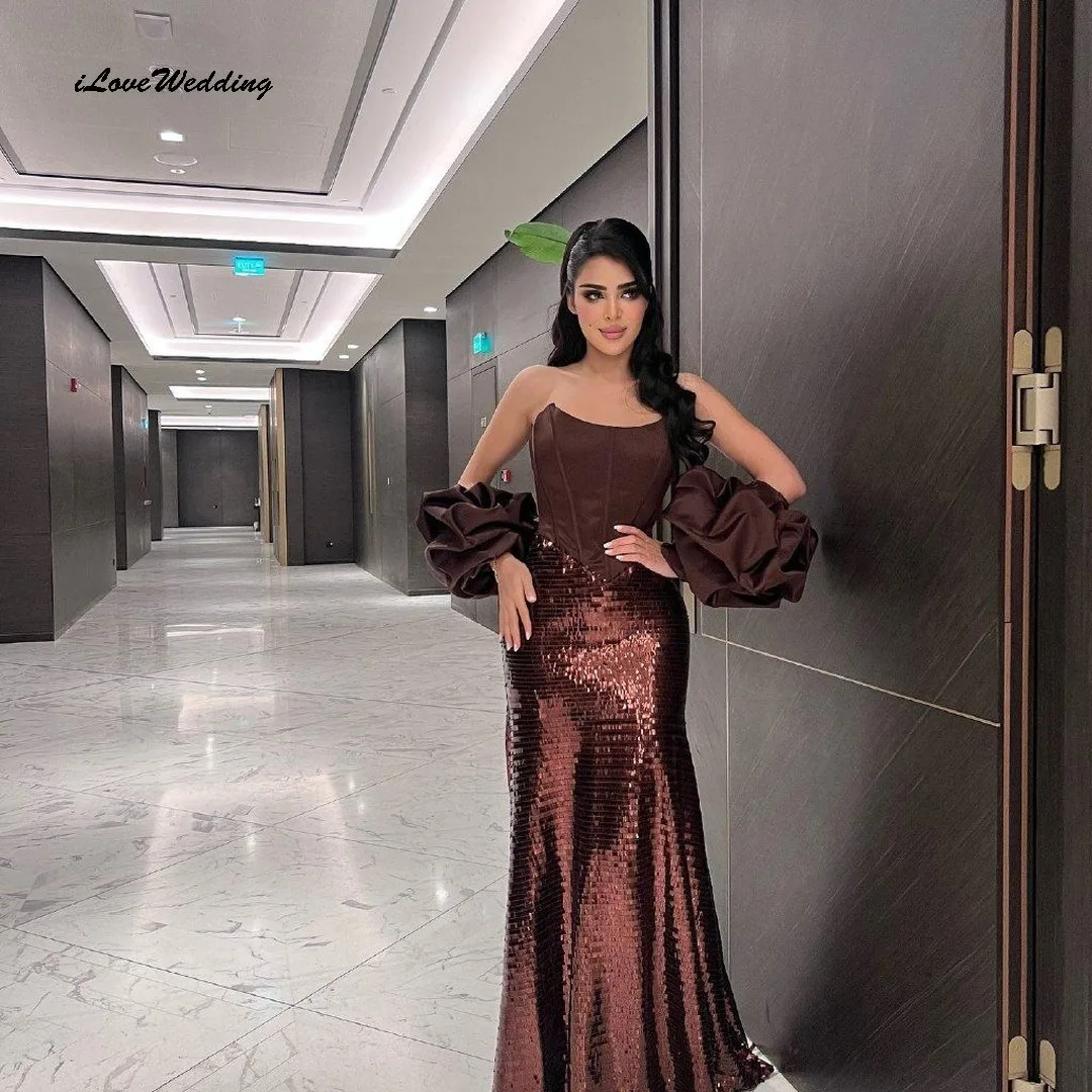 Chocolate Brown Strapless Prom Dresses 2025 Sequin Elegant Women Party Dress Boat Neck Mermaid Evening Dresses Gala Customized