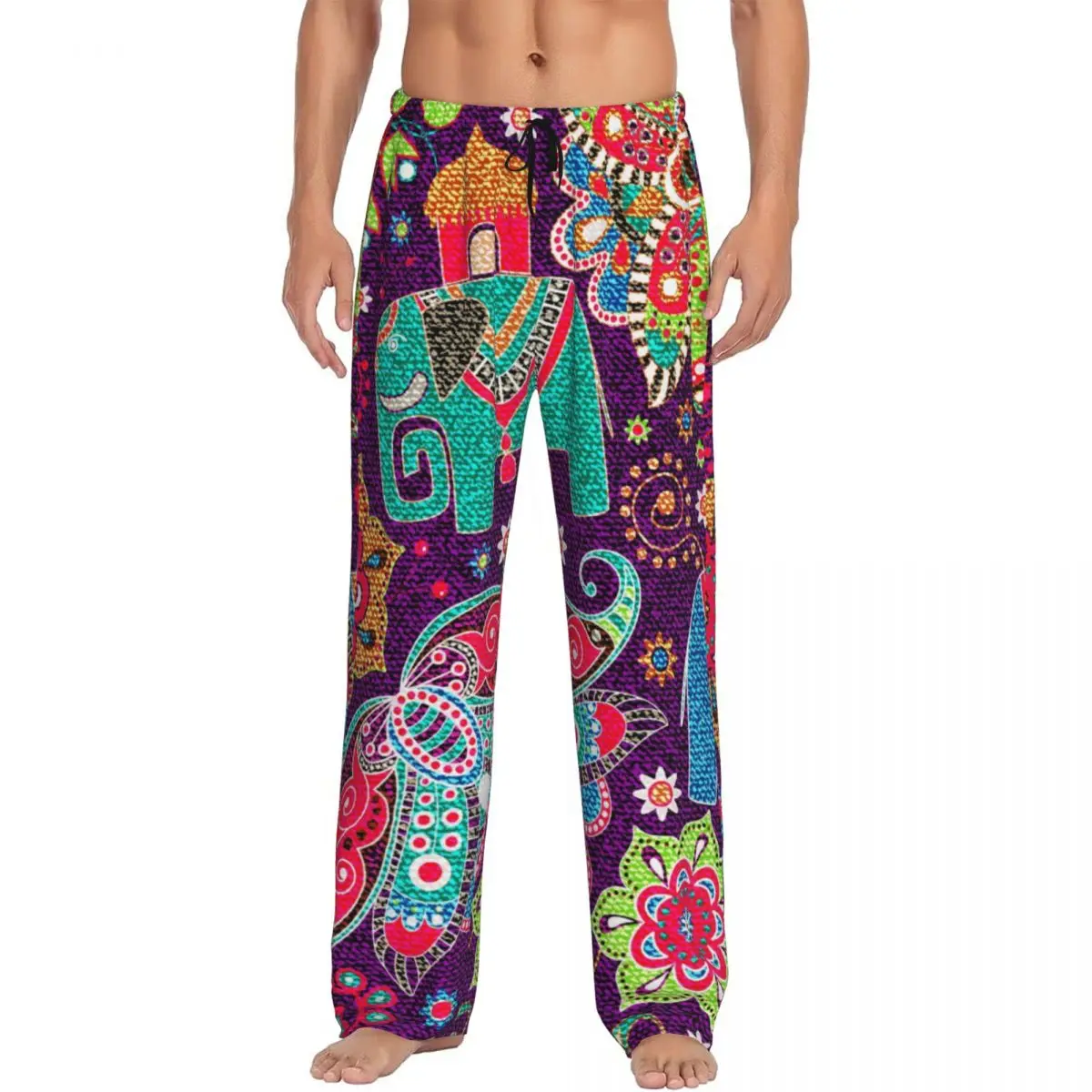 Custom Printed Men's Pajama Pants Jeans Floral Indian Elephants Sleepwear Sleep Lounge Bottoms with Pockets