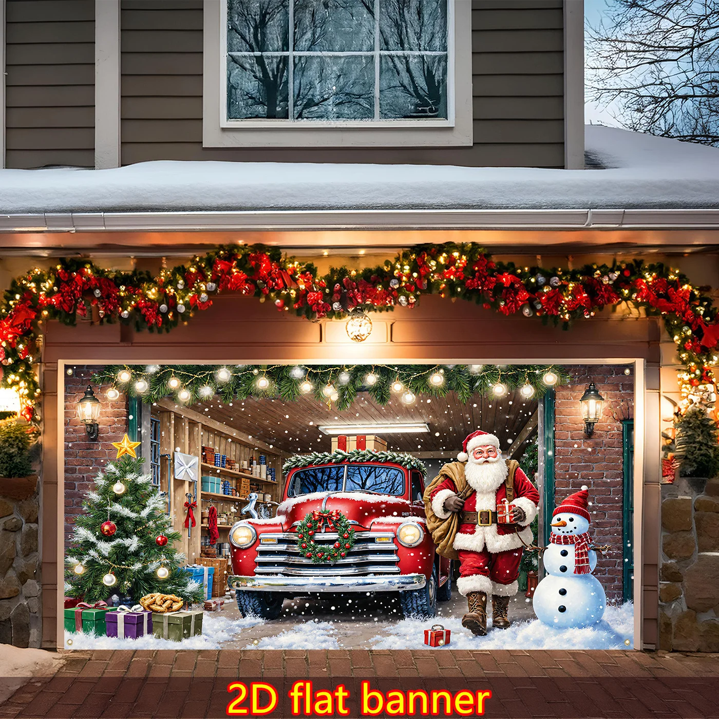 قطعة واحدة من لافتة عيد الميلاد لشاحنة كلاسيكية حمراء عملاقة، سانتا كلوز ورجل الثلج - ديكور باب خارجي/مرآب ثقيل، حفلة عيد الميلاد #5