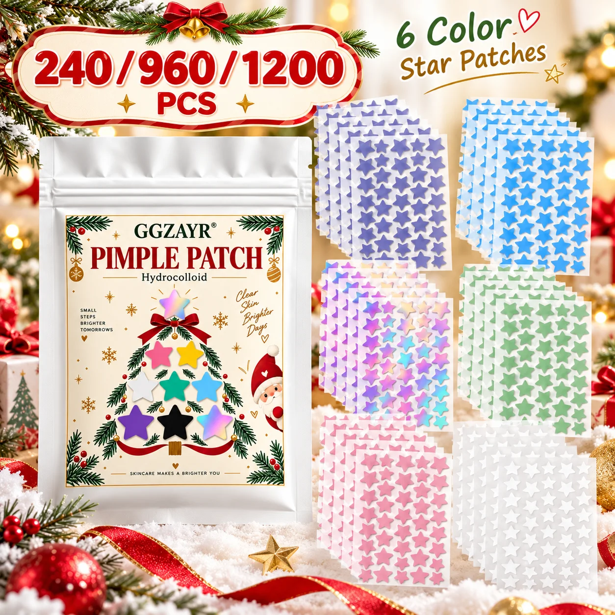 240/960/1200PCS Christmas Star Pimple Patch Stickers, Hydrocolloid Color Mix Shape Patches, Cute Beauty Accessories Holiday Gift